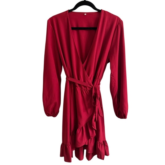 Women’s V-Neck Long Sleeve Wrap Dress with Ruffle Hem - Picture 4 of 7